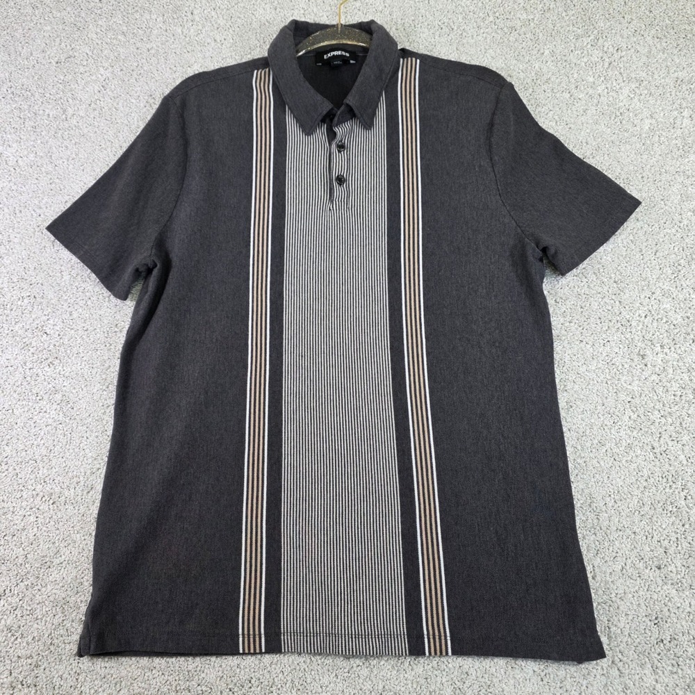 Express Men L Short Sleeve Vertical Stripe Polo Shirt Charcoal Gray Mod‎ Knit